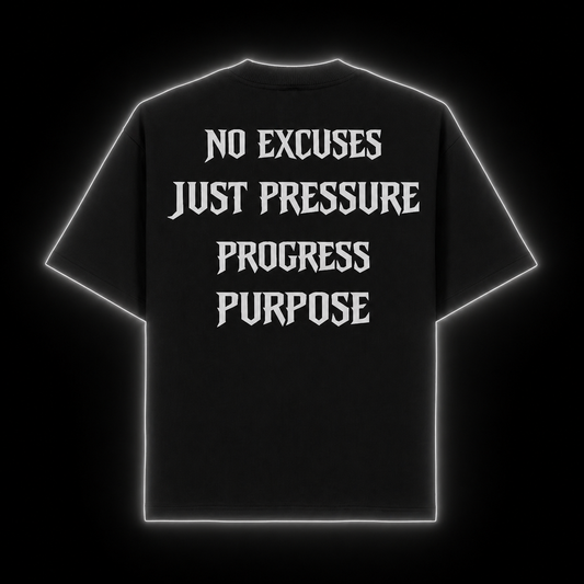 Pressure Tee black oversized gym t-shirt with No Excuses Just Pressure Progress Purpose back print