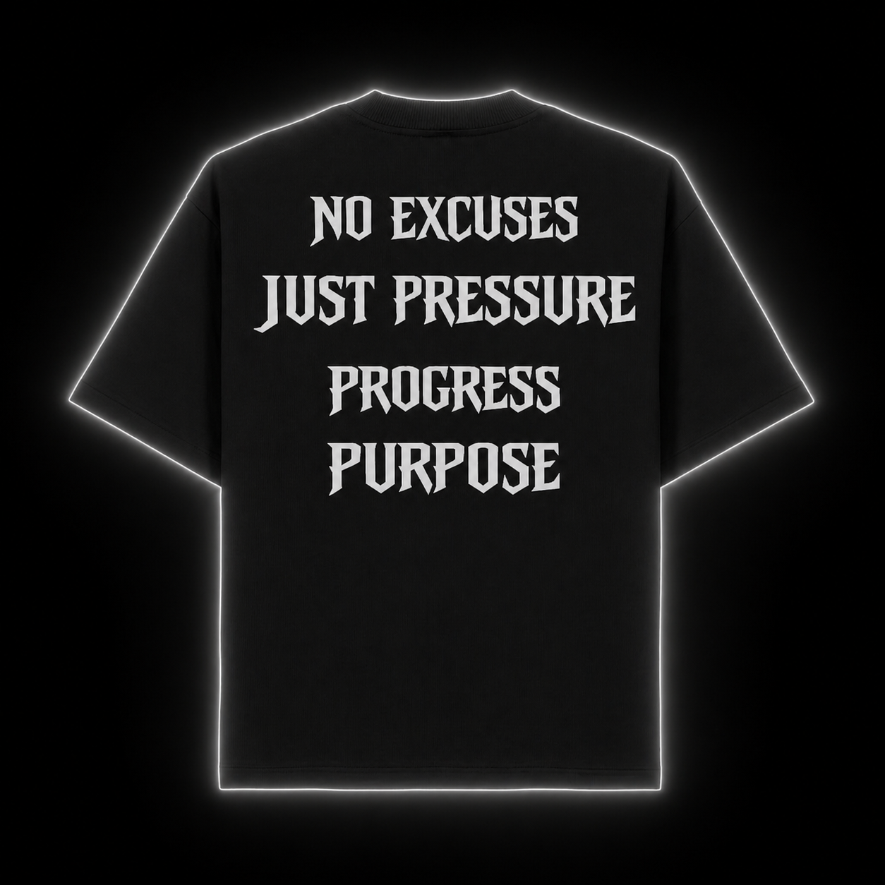 Pressure Tee black oversized gym t-shirt with No Excuses Just Pressure Progress Purpose back print