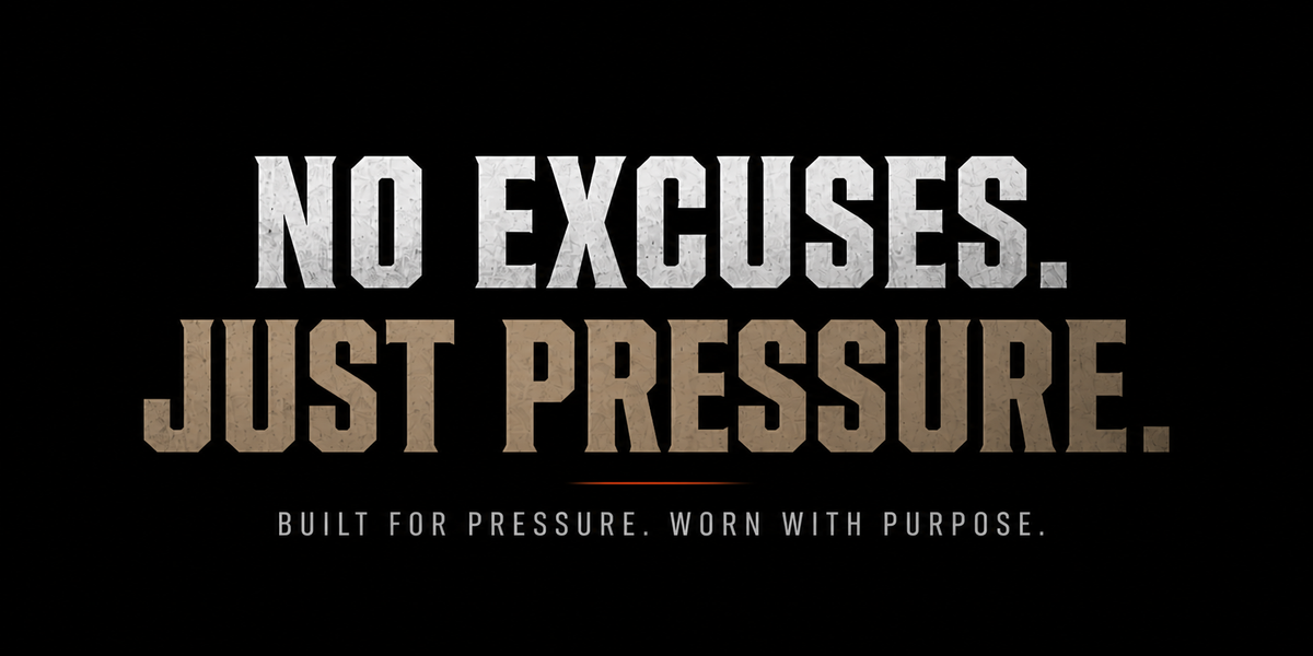 Strap-Up Fitness gymwear banner featuring the words “No Excuses. Just Pressure.” and the slogan “Built for Pressure. Worn with Purpose.” on a black background.